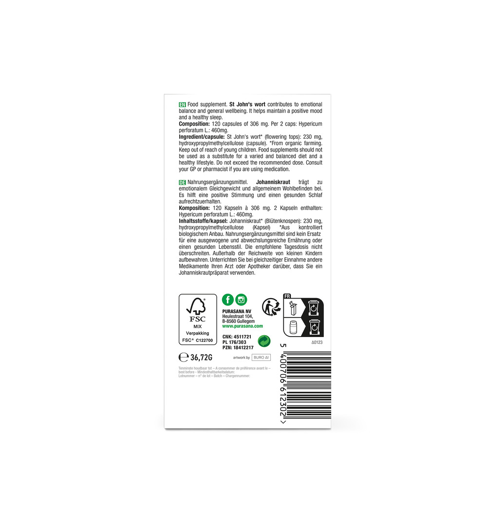 Purasana Sint Janskruid Millepertuis Vegan Bio (120 vega capsules) - image 3