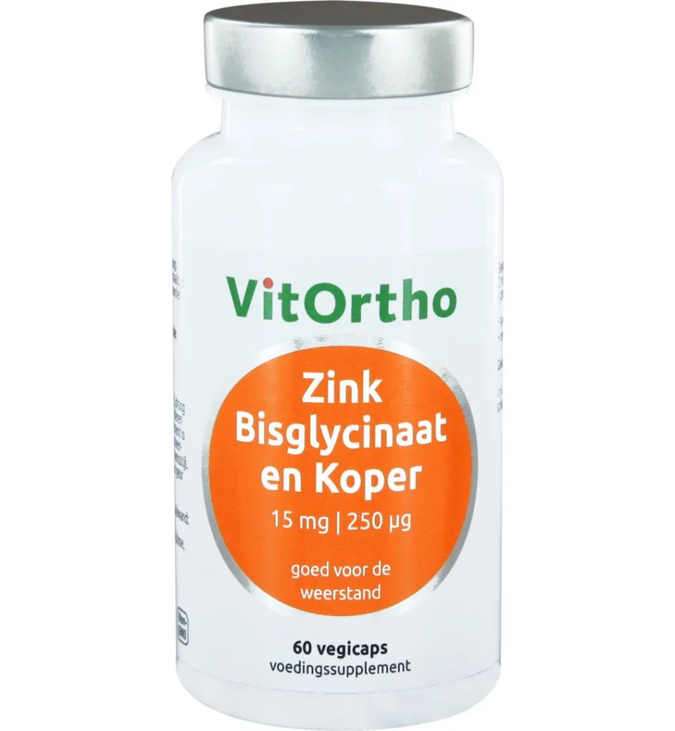 VitOrtho Zink bisglycinaat 15mg en koper 250mcg (60 vega capsules)