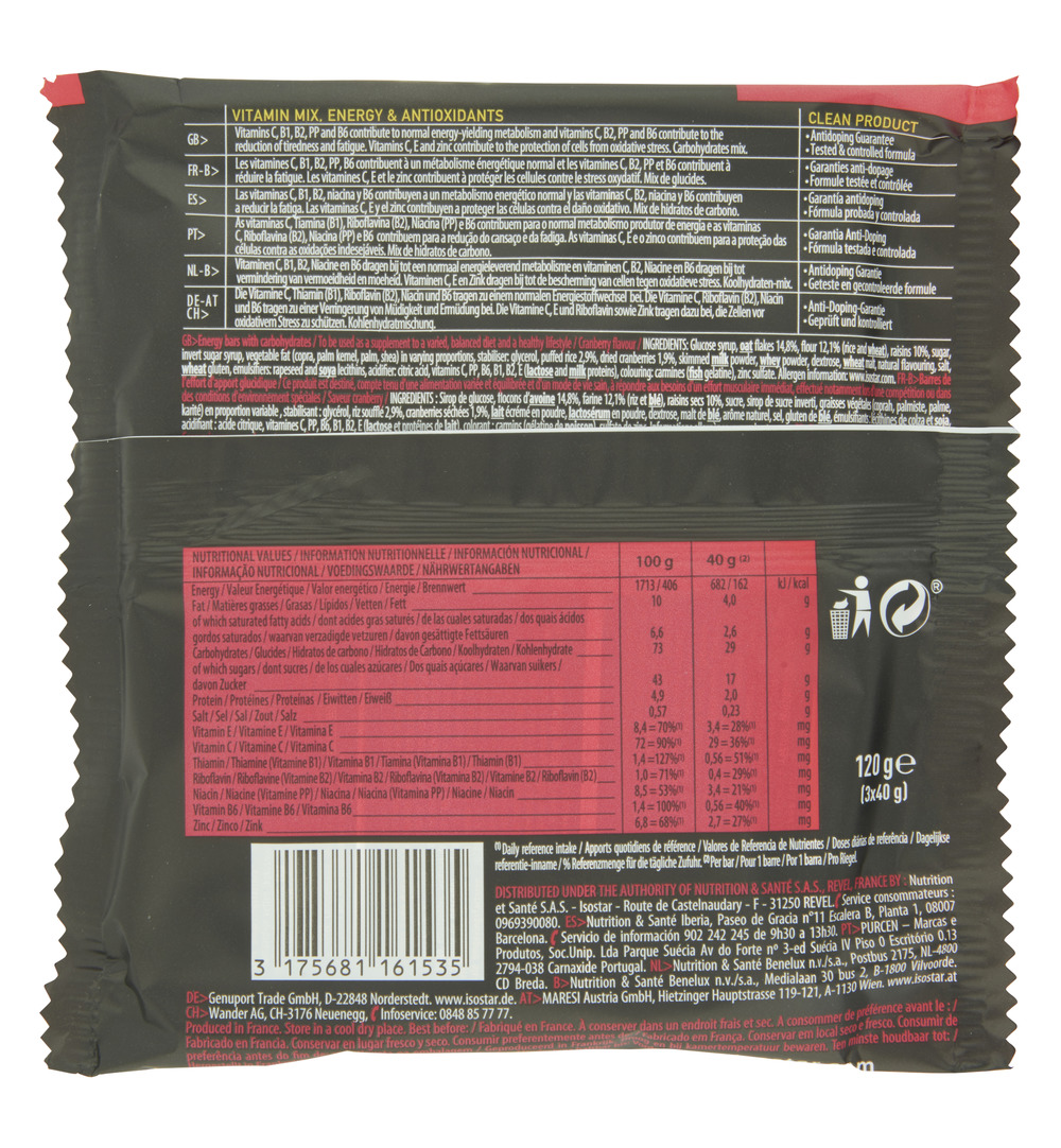 Isostar Energy Sport Bar Cereals Raisin Cranberry 3 X 40G (120 gr)