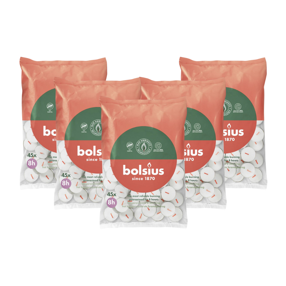 5x Bolsius Duurzaam Theelicht 8-Uur Zak Wit (45 stuks)