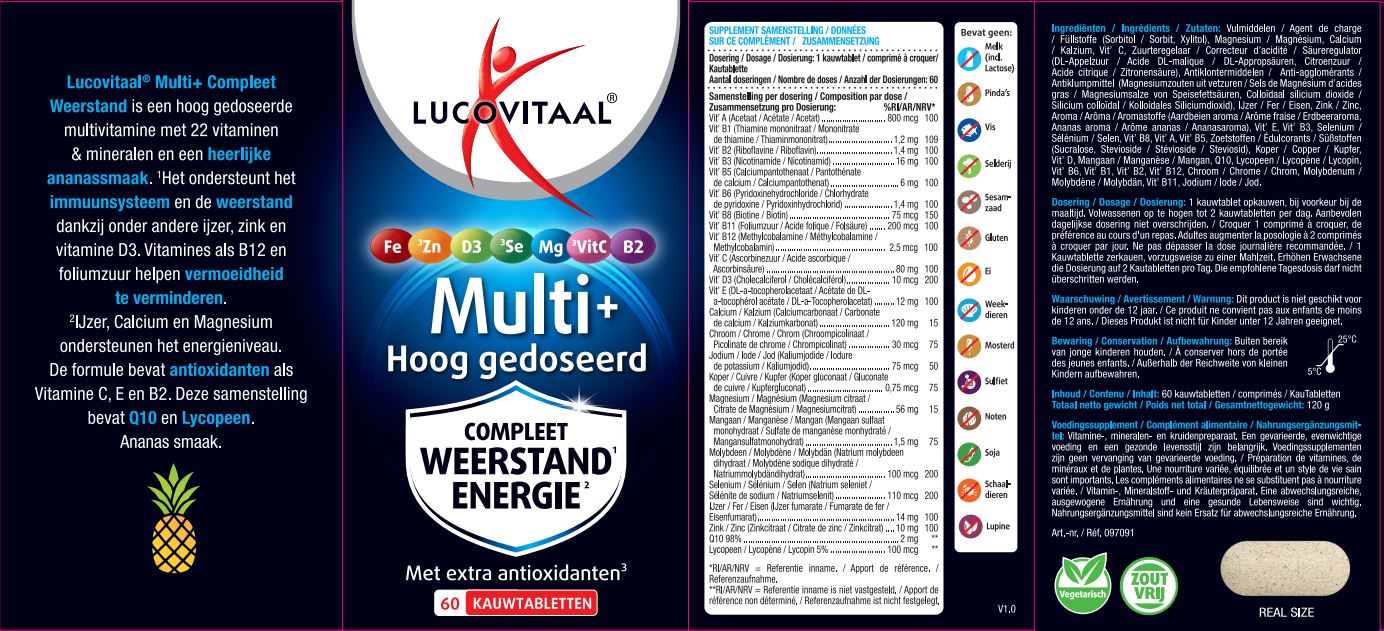 Lucovitaal Multi+ Weerstand Hoog Gedoseerd (60 kauwtabletten)