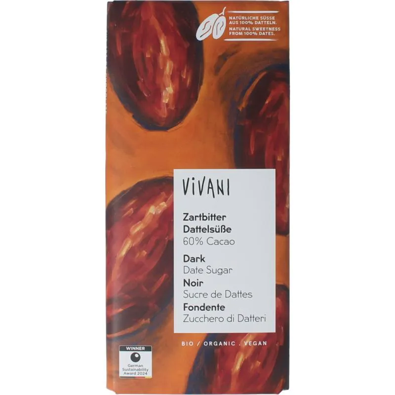 Vivani Chocolade Puur 60% Dadel Gezoet Bio (80 gr)