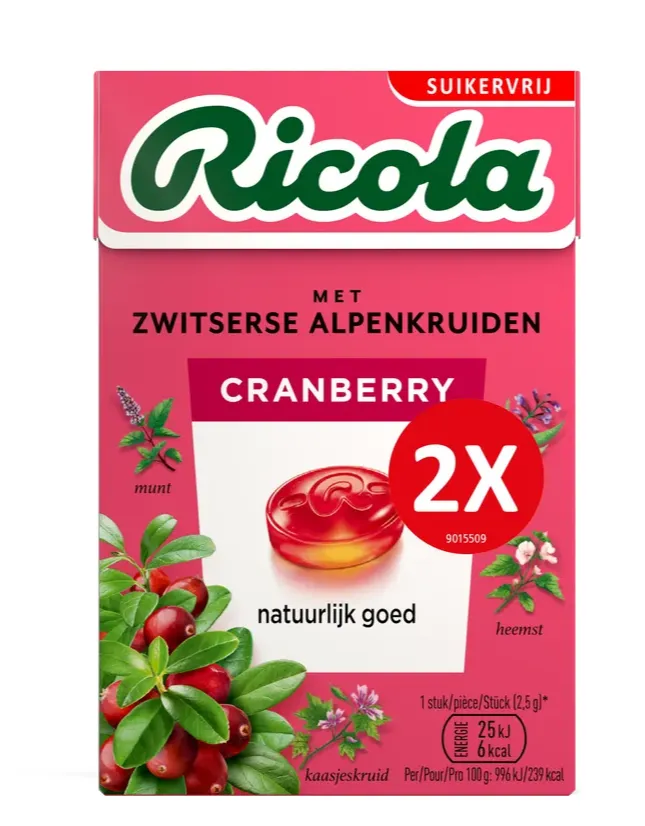 Ricola Keelpastilles Cranberry Suikervrij (100 gr)