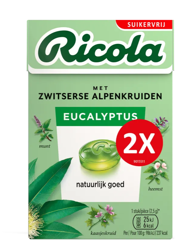 Ricola Keelpastilles Eucalyptus Suikervrij (100 gr)