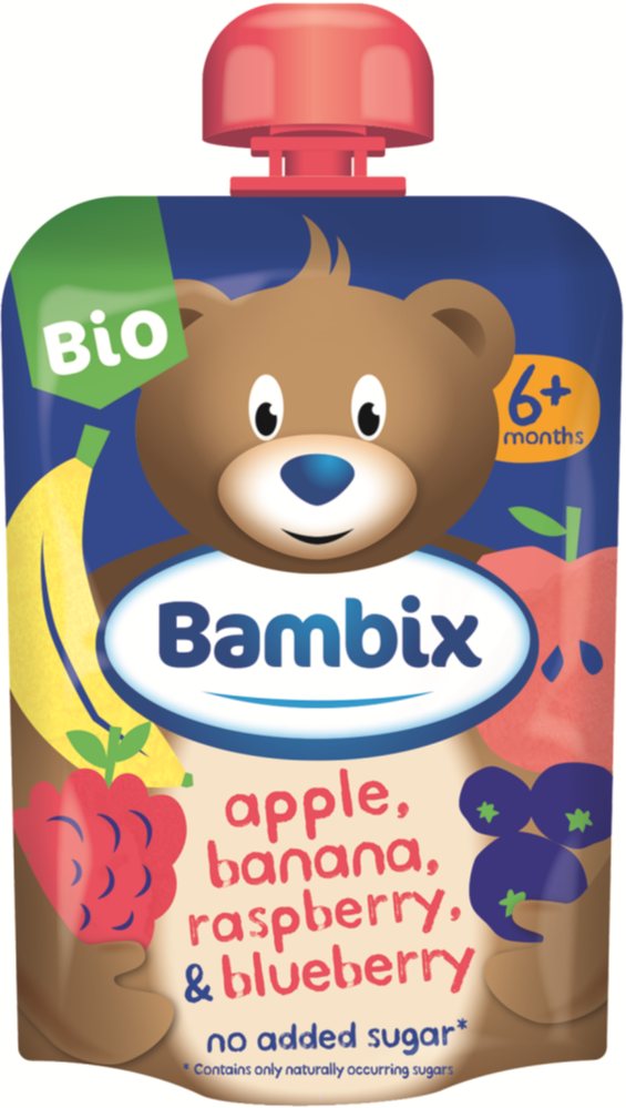 Bambix Bio Knijpzakje Appel, Banaan, Framboos en Blauwe Bes 6+ (100 gr)