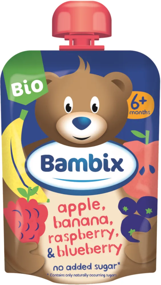 Bambix Bio Knijpzakje Appel, Banaan, Framboos en Blauwe Bes 6+ (100 gr)