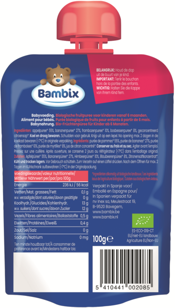 Bambix Bio Knijpzakje Appel, Banaan, Framboos en Blauwe Bes 6+ (100 gr)