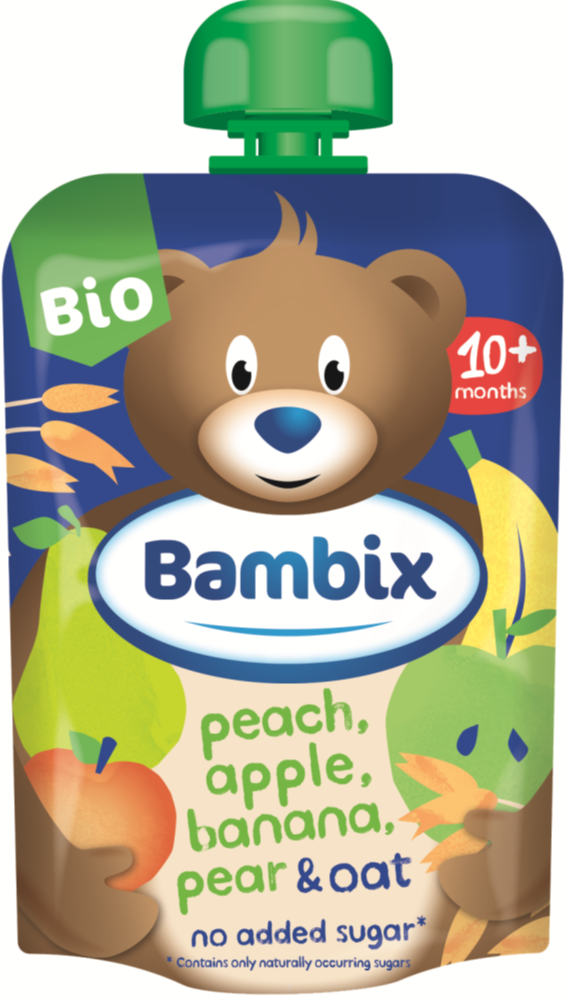 Bambix Bio Knijpzakje Appel, Perzik, Banaan, Peer en Haver 10+ (100 gr)