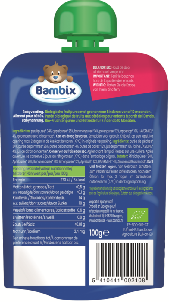 Bambix Bio Knijpzakje Appel, Perzik, Banaan, Peer en Haver 10+ (100 gr)