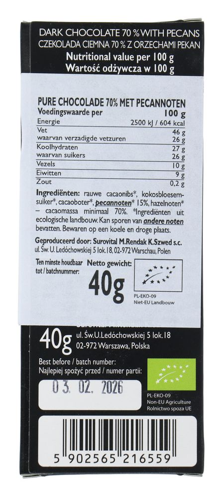 Cocoa 70% Dark Chocolate Pecan Reep (40 gr) - image 2