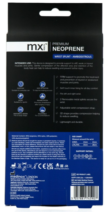 Mx Health Mx Wrist Splint Premium Neopreen S/m/l (1 stuk)