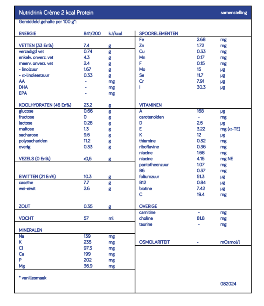 Nutridrink Crème 2 Kcal Protein Vanillesmaak (800 gr)