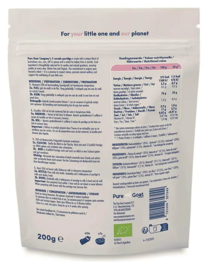 Pure Goat Organic 5-granen Pap 6+M (200 gr)