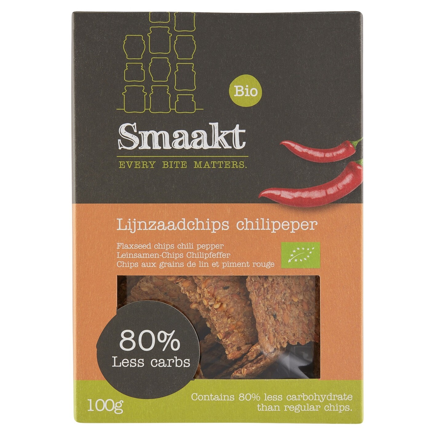 Smaakt Less Carb Lijnzaadchips Chilipeper (100 gr)