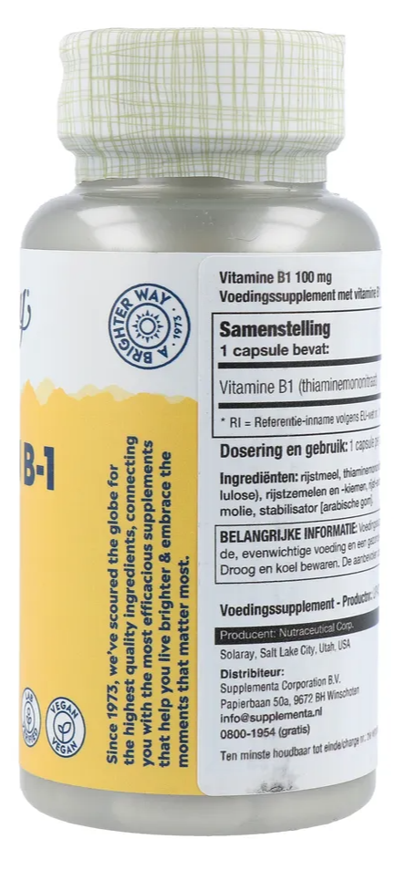 Solaray Vitamine B1 100mg Capsules (100 stuks)