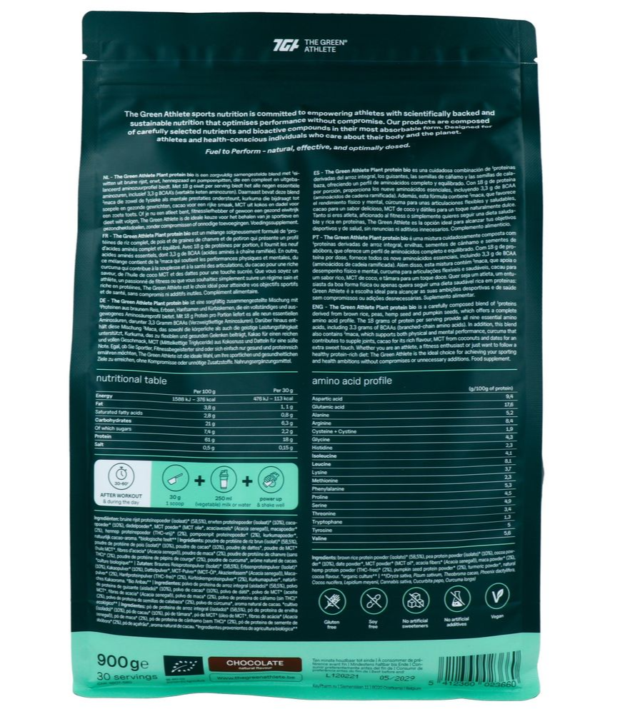 The Green Athlete Plant Protein Chocolate Bio Poeder (900 gr)