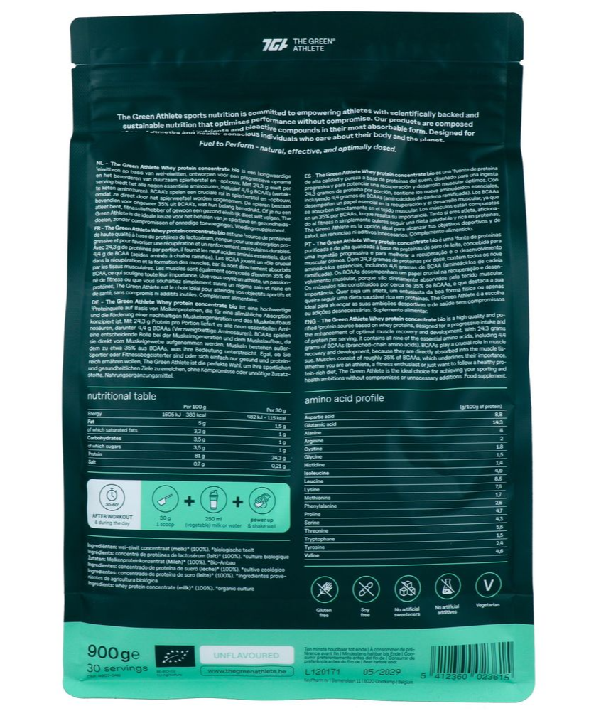 The Green Athlete Whey Protein Concentrate Unflavoured Bio Poeder (900 gr)