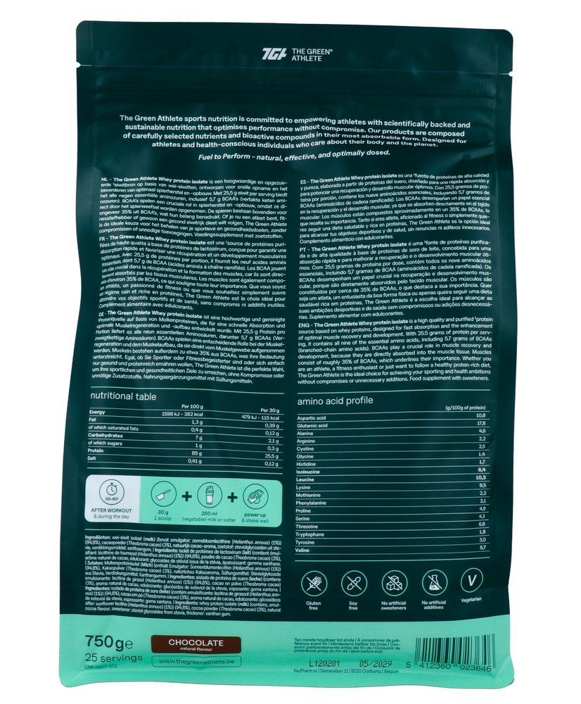 The Green Athlete Whey Protein Isolate Chocolate Poeder (750 gr)