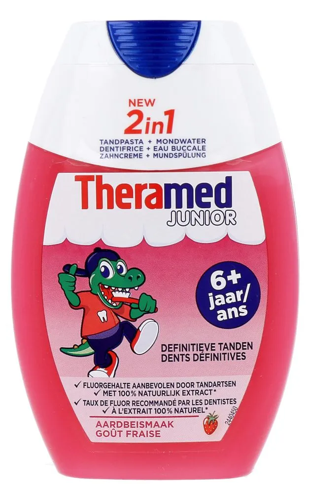 Theramed 2in1 Junior Tandpasta + Mondwater Aardbei (75 ml)