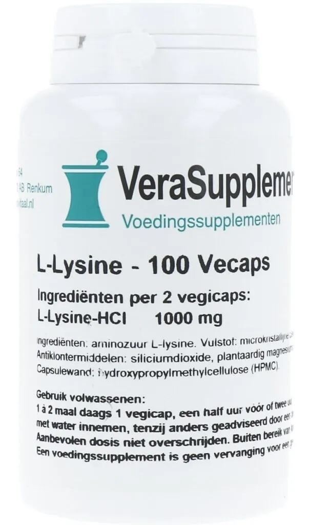 Verasupplements L-lysine 500mg Capsules (100 vegetarische capsules)