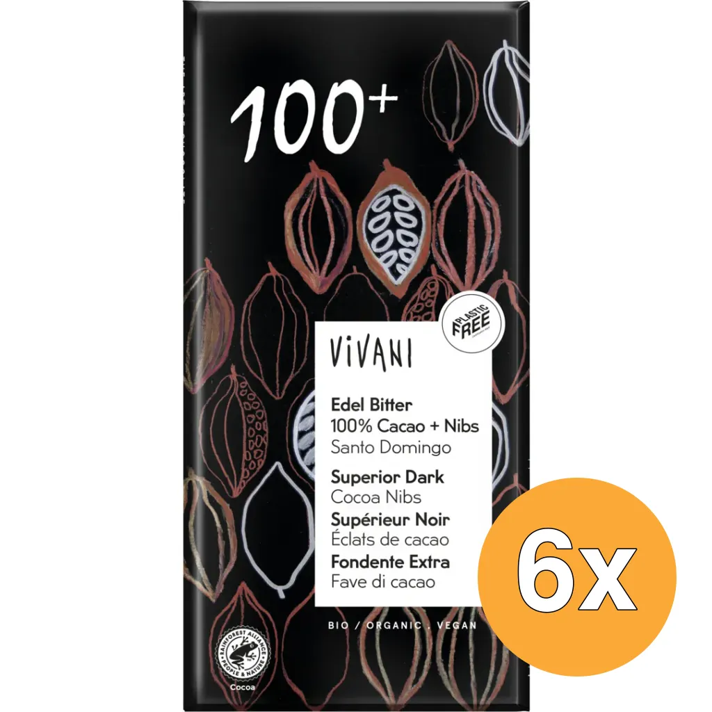 6x Vivani Chocolade Puur Superieur 100% + Cacao Nibs Bio (80 gr)