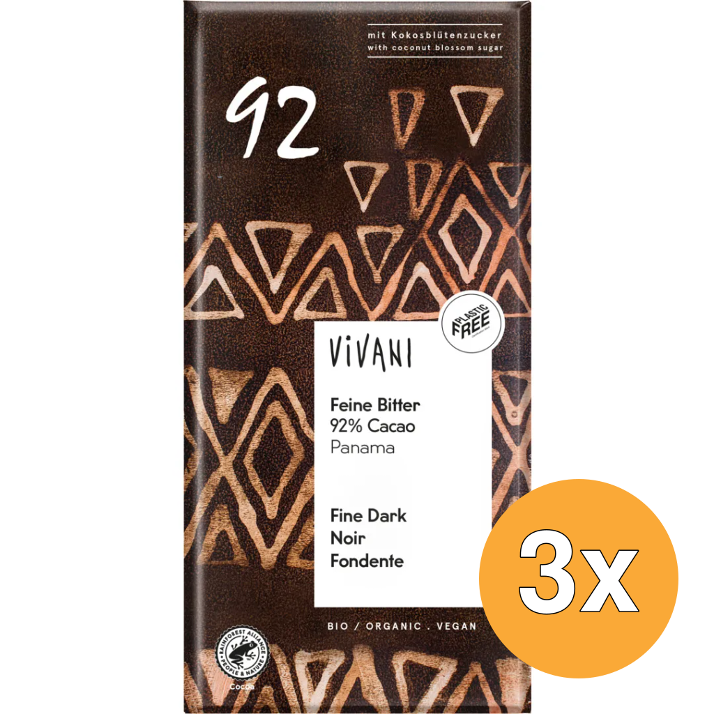 3x Vivani Chocolade Puur Delicaat 92% Panama Bio (80 gr)