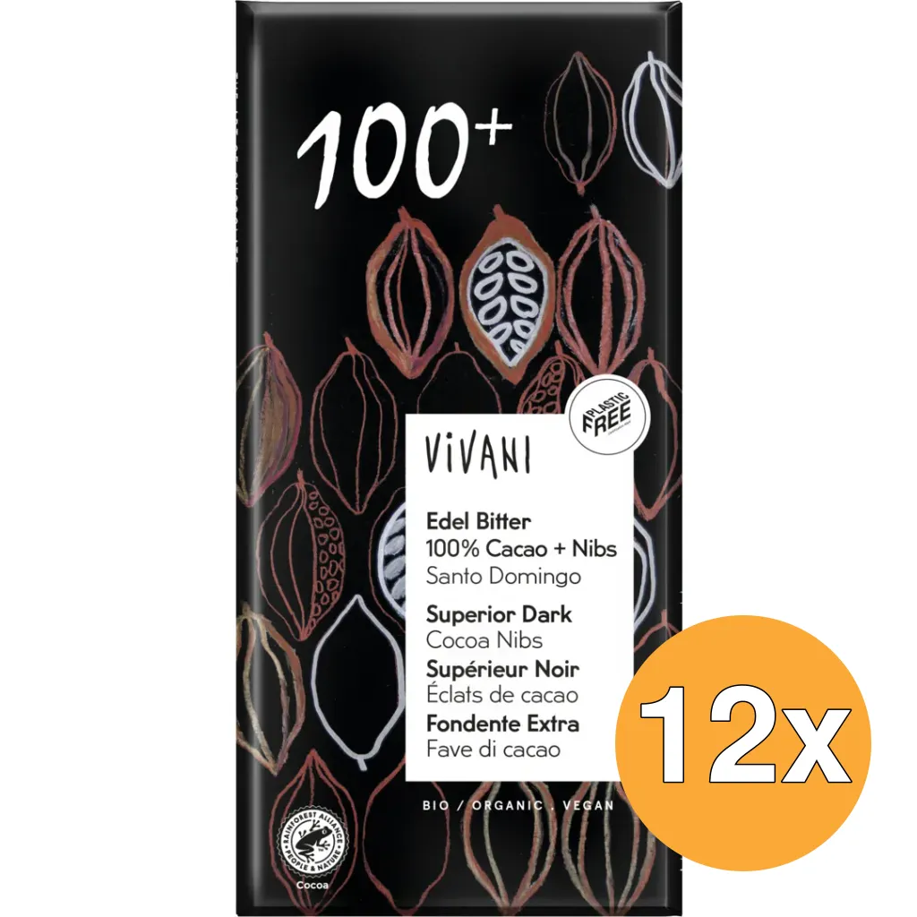 12x Vivani Chocolade Puur Superieur 100% + Cacao Nibs Bio (80 gr)