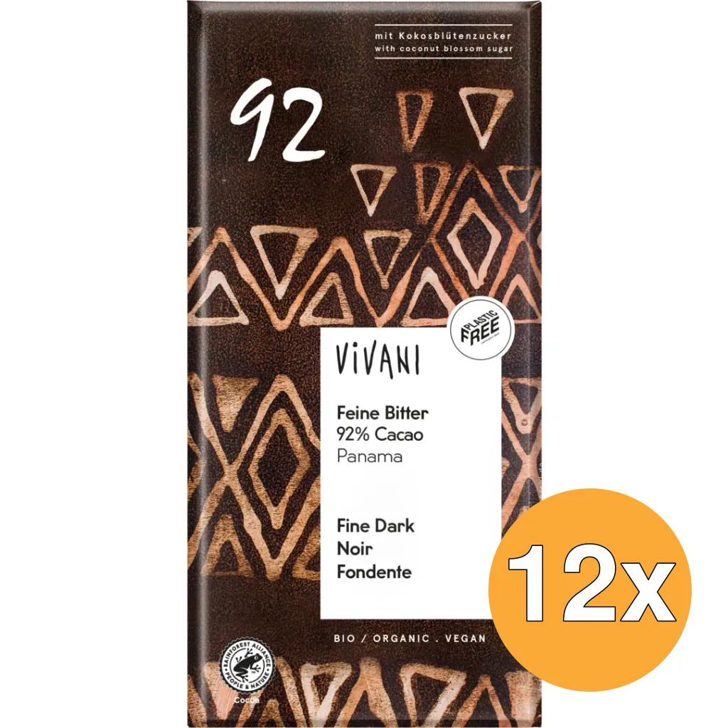 12x Vivani Chocolade Puur Delicaat 92% Panama Bio (80 gr)