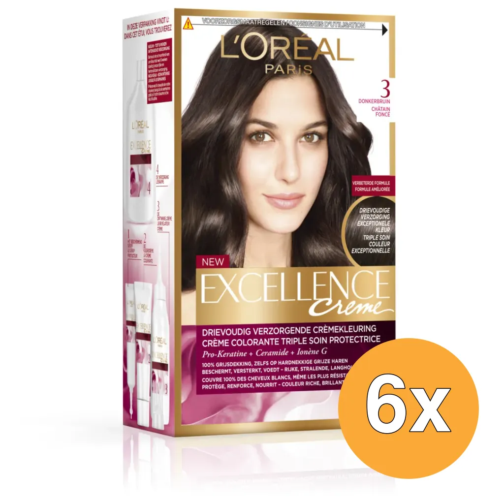 6x L'Oréal Paris Excellence Creme 3 Donkerbruin (1 set)