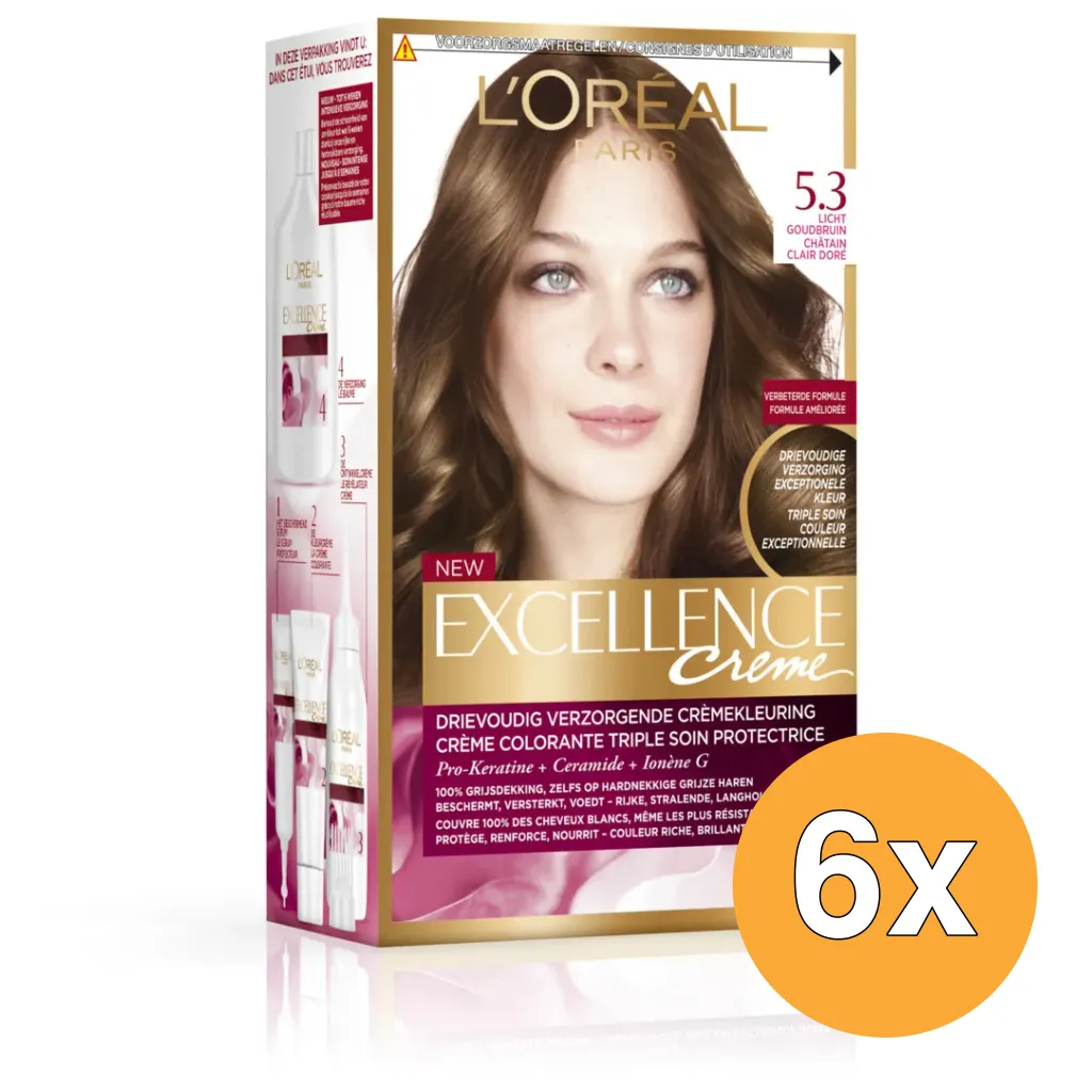 6x L'Oréal Paris Excellence Creme 5,3 Licht Goudbruin (1 set)
