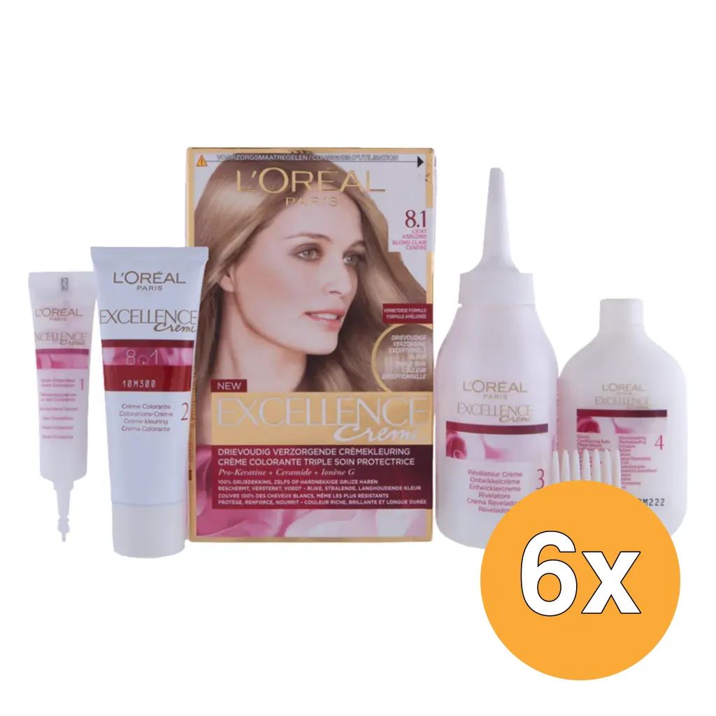 6x L'Oréal Paris Excellence Creme 8.1 Licht Asblond (1 set)