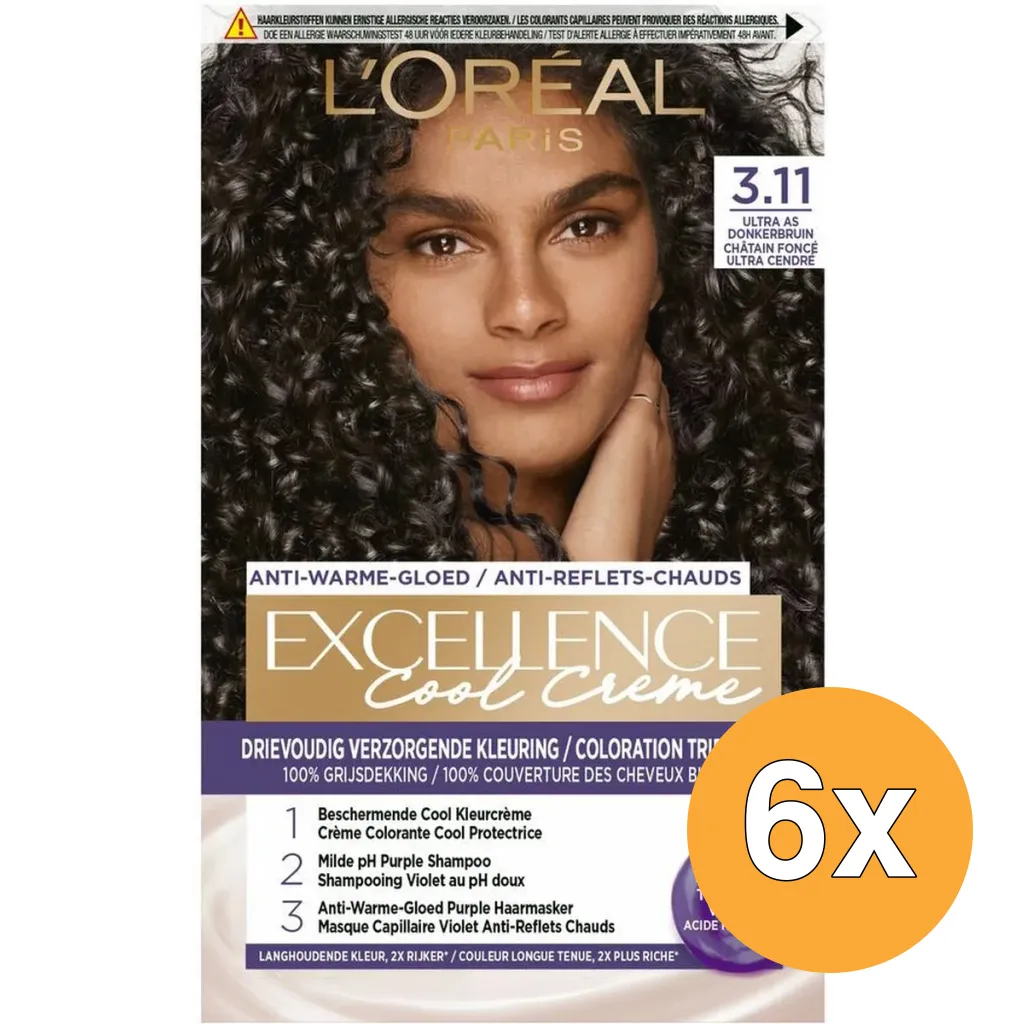 6x L'Oréal Paris Excellence Cool Creme 3.11 Ultra As Donkerbruin (1 set)