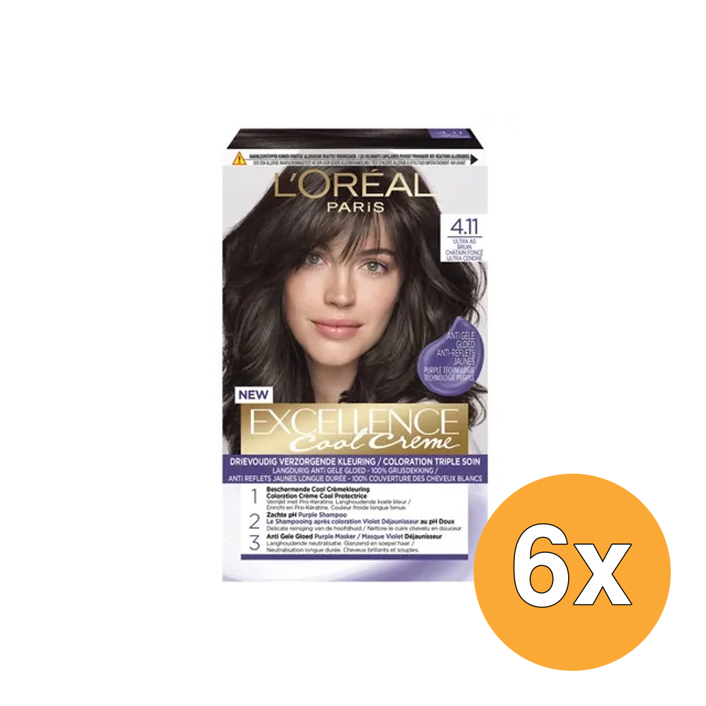 6x L'Oréal Paris Excellence Cool Creme 4.11 Ultra As Bruin (1 set)