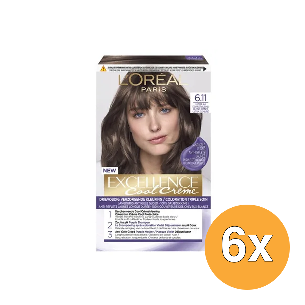 6x L'Oréal Paris Excellence Cool Creme 6.11 Ultra As Donkerblond (1 set)