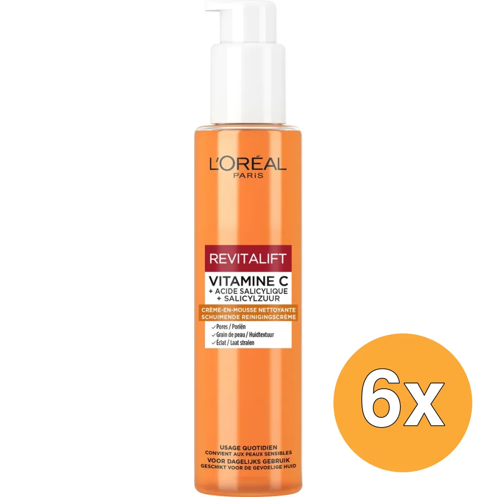 6x L'Oréal Paris Revitalift Reinigiscreme Schuimend Vitamine C Brightening (150 ml)