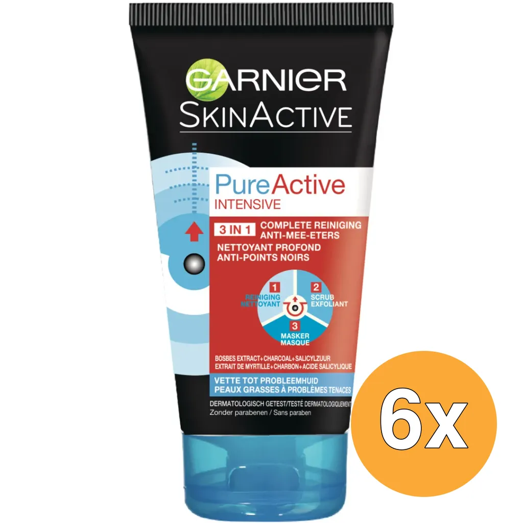 6x Garnier Pure Active Charcoal 3 In 1 Gezichtsreiniging (150 ml)