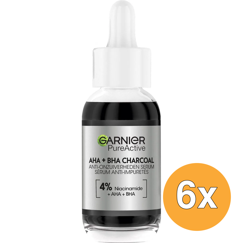 6x Garnier Pure Active AHA+BHA Charcoal Serum (30 ml)