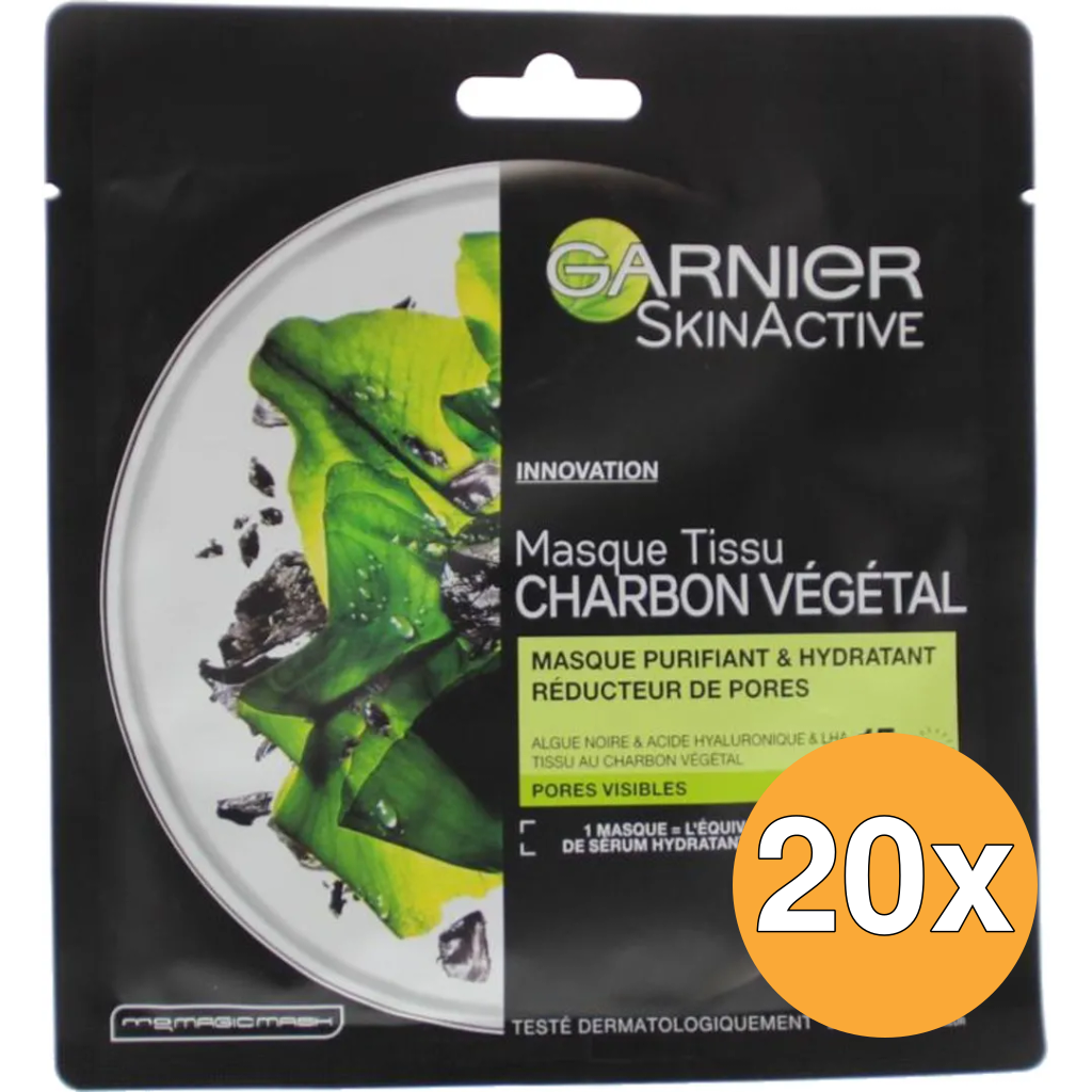 20x Garnier Skin Active Masker Tissues Pure Charcoal (28 gr)