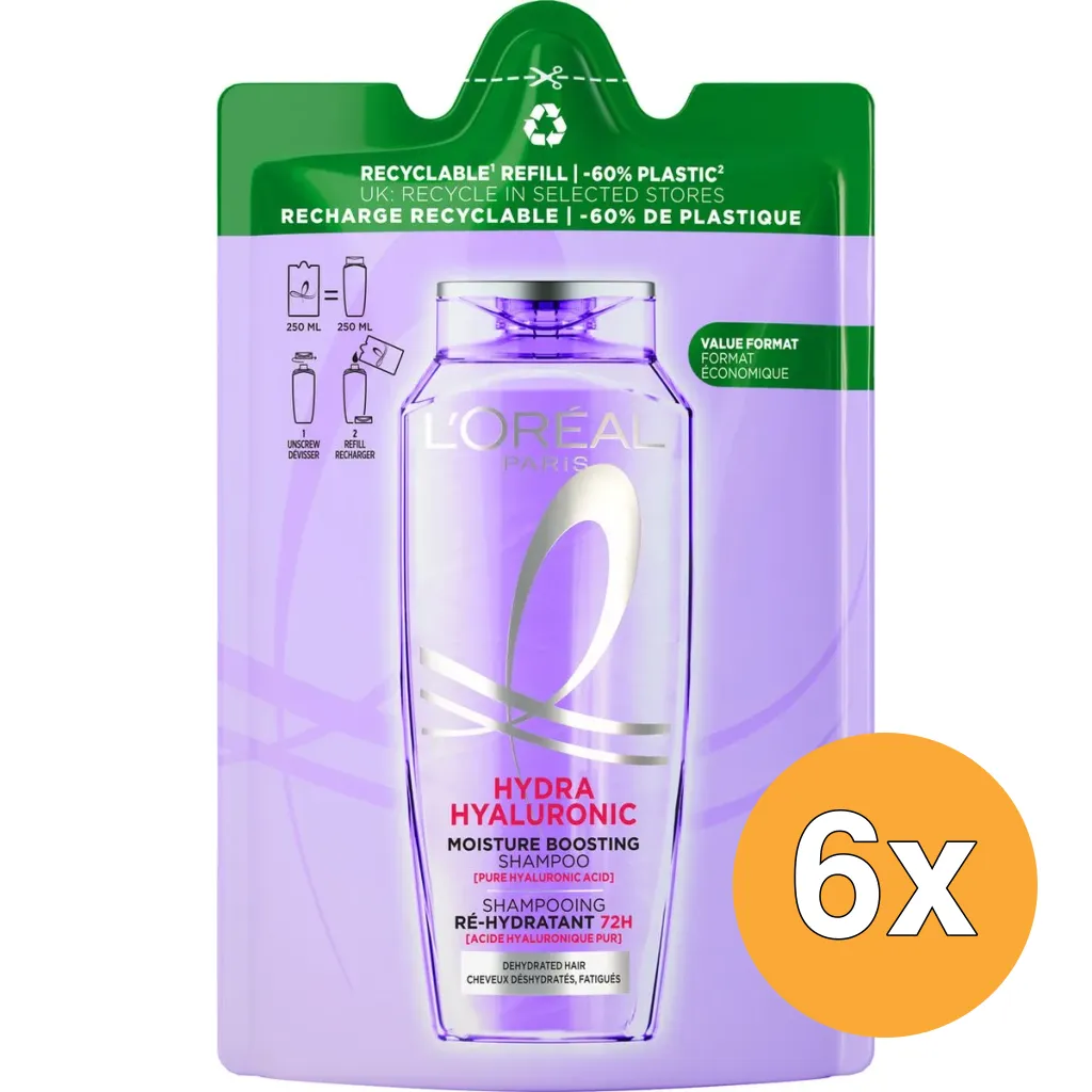 6x L'Oréal Paris Elvive Refill Hydra Hyaluronic Shampoo Navulling (250 ml)