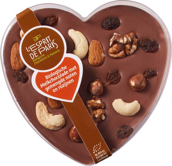 L'esprit De Paris Chocolade Hart Melk met Gemengde Noten en Rozijnen (125 gr)