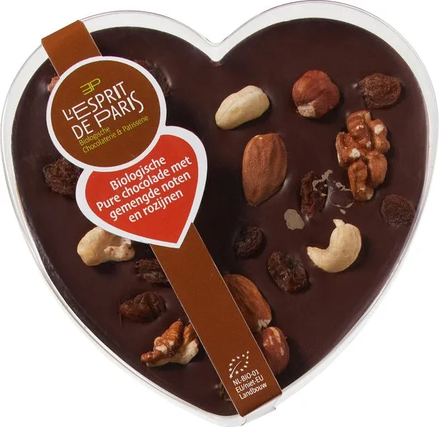 L'esprit De Paris Chocolade Hart Puur met Gemengde Noten en Rozijnen (125 gr)