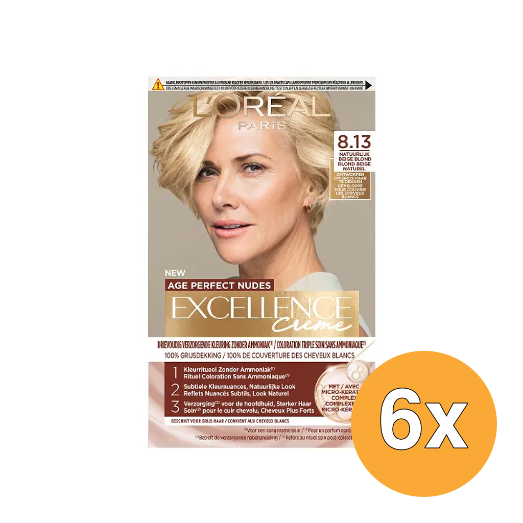 6x L'Oréal Paris Excellence Creme Age Perfect Nudes 8,13 Beige Blond (6 x 1 stuk)