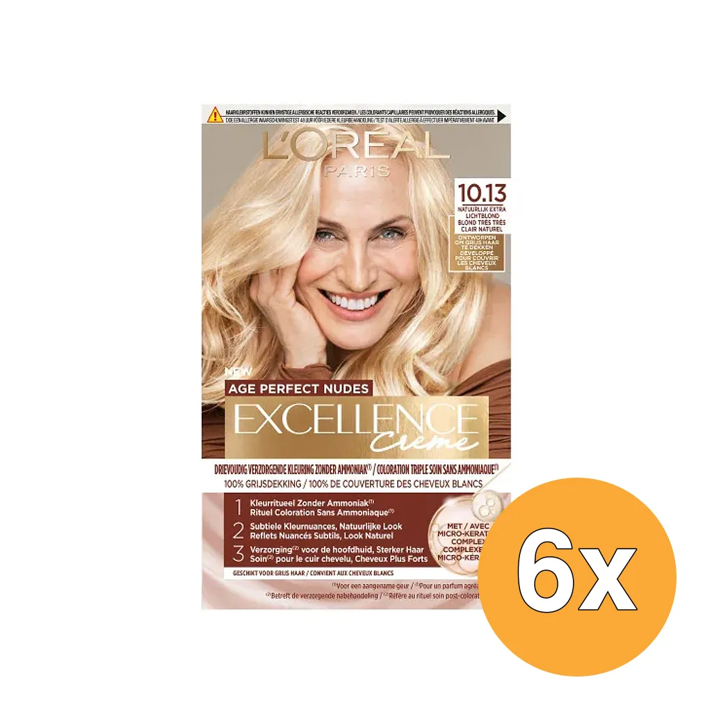 6x L'Oréal Paris Excellence Creme Age Perfect Nudes 10,13 Extra Lichtblond (6 x 1 stuk)