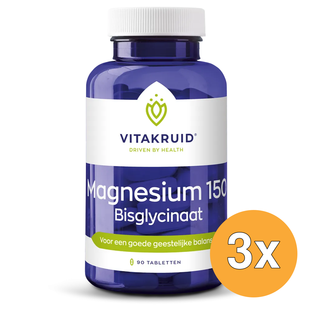 3x Vitakruid Magnesium 150 Bisglycinaat met 200mg L-Taurine (90 tabletten)
