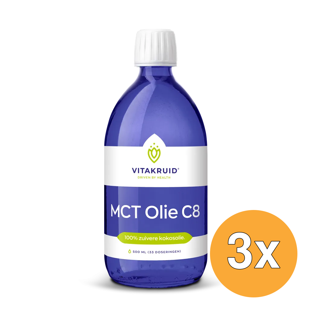 3x Vitakruid MCT Olie C8 100% Zuivere & Duurzame Kokosolie (500 ml)