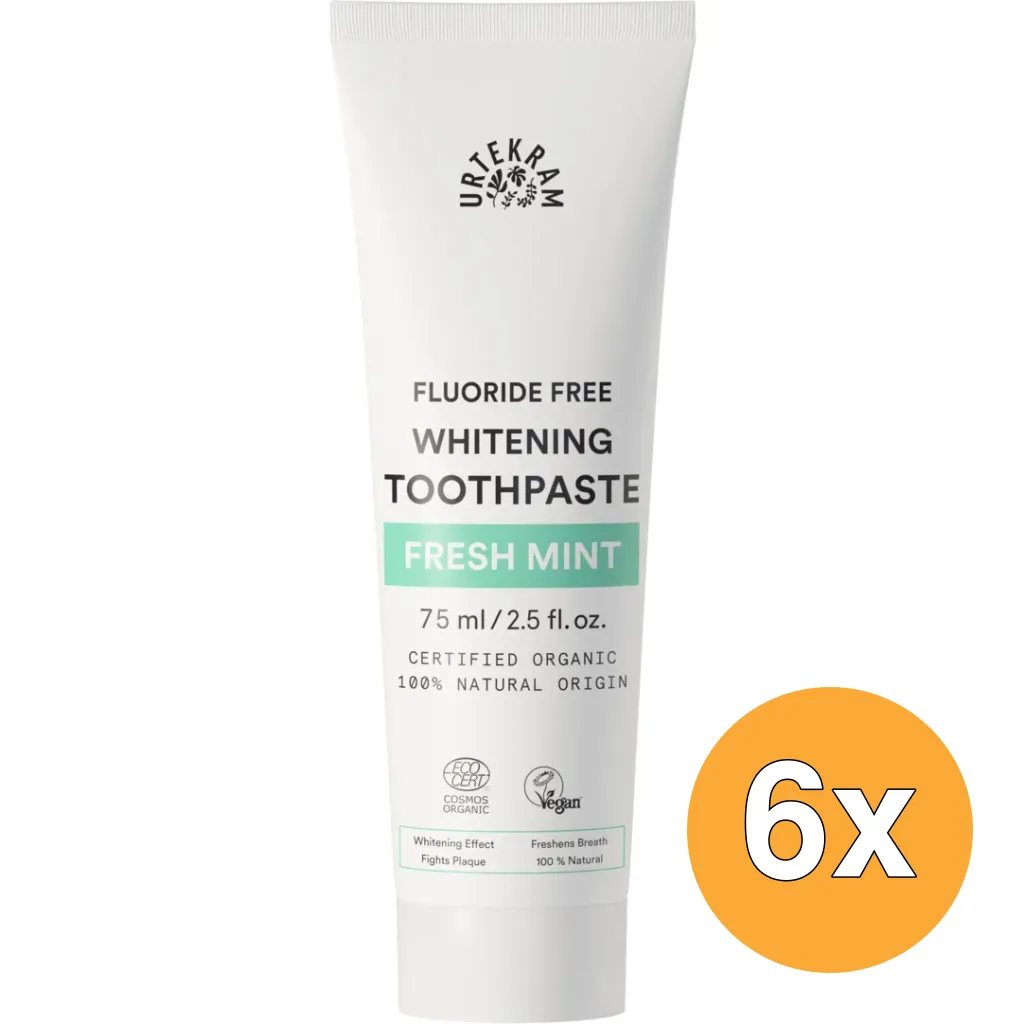 6x Urtekram Tandpasta whitening fresh mint (75 ml)