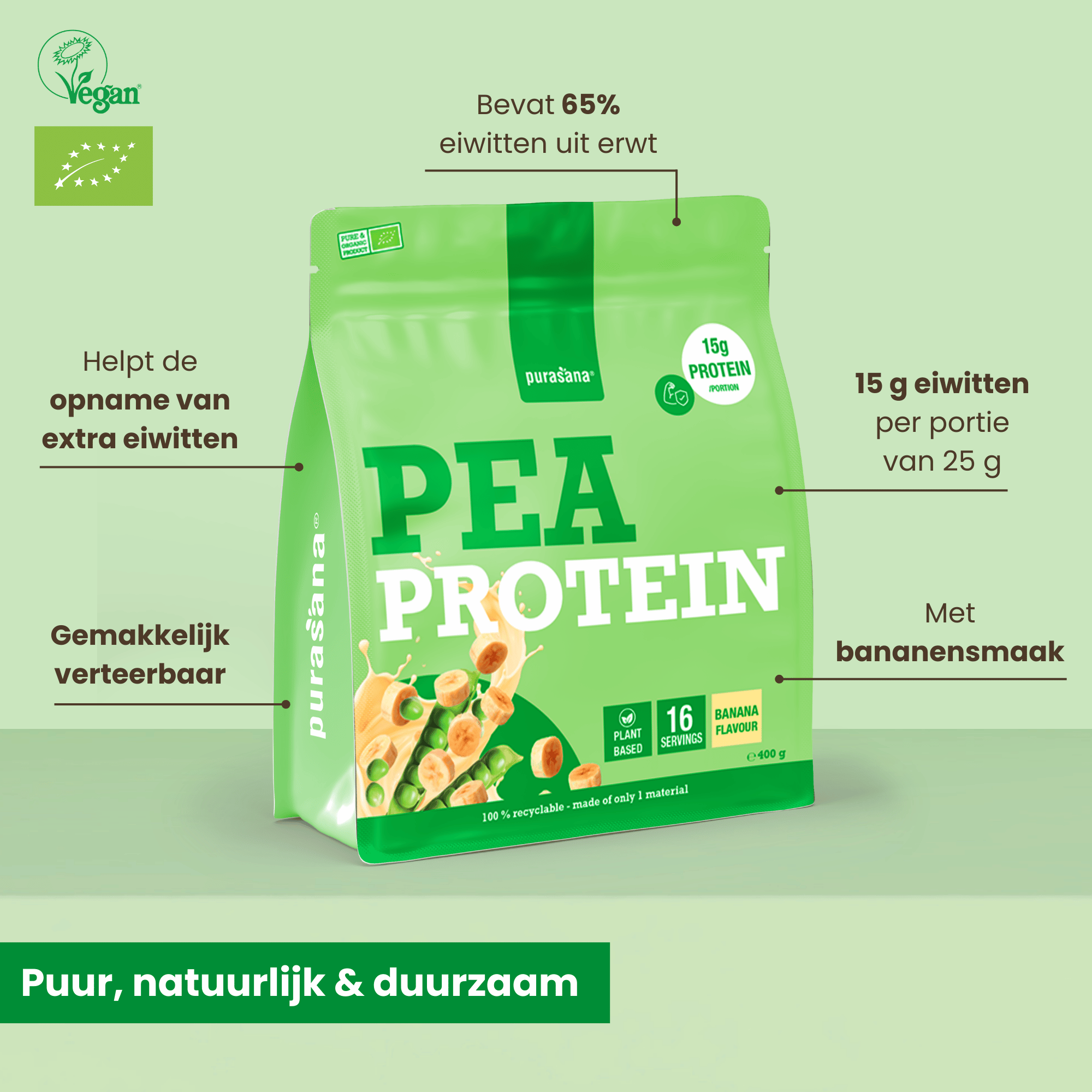 Purasana Plant Protein Erwt Banaan Bio (400 gr) - image 3
