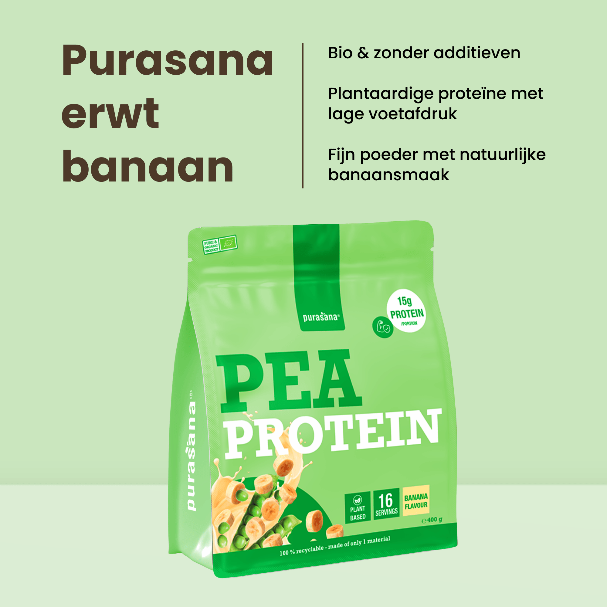 Purasana Plant Protein Erwt Banaan Bio (400 gr) - image 8
