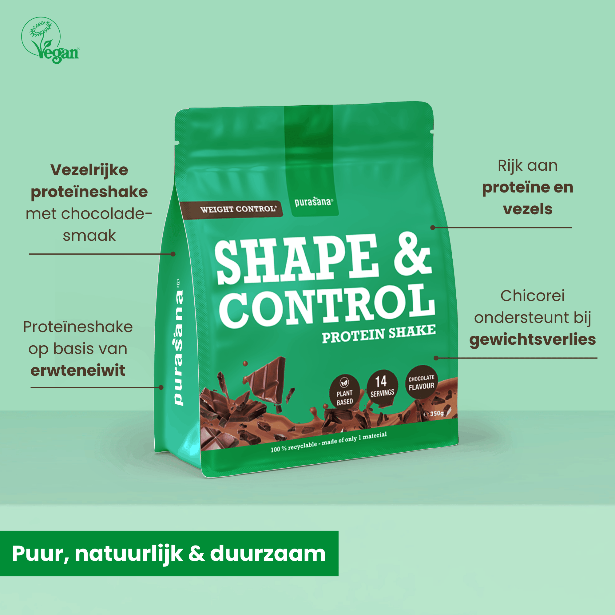 Purasana Shape & Control Plant Protein Chocolade (350 gr) - image 3
