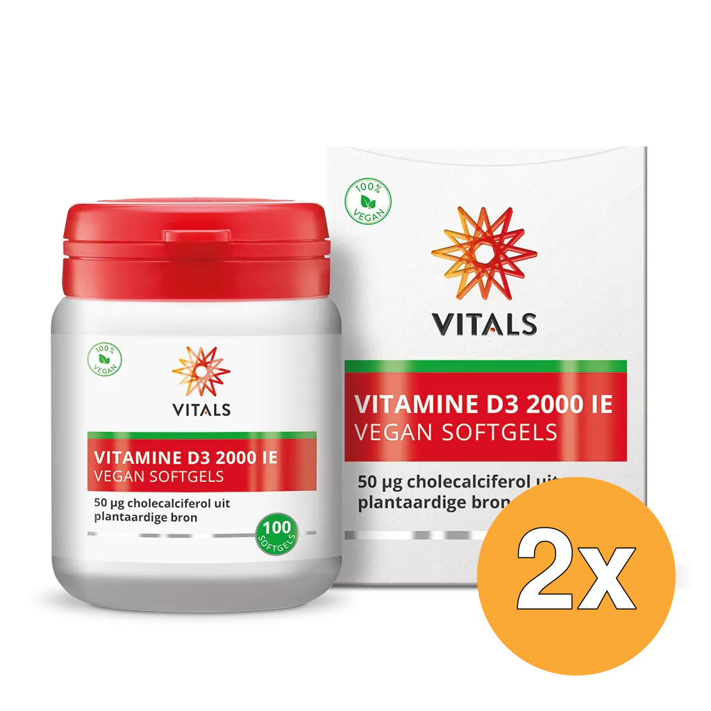 2x Vitals Vitamine D3 2000 ie Vegan (100 softgels